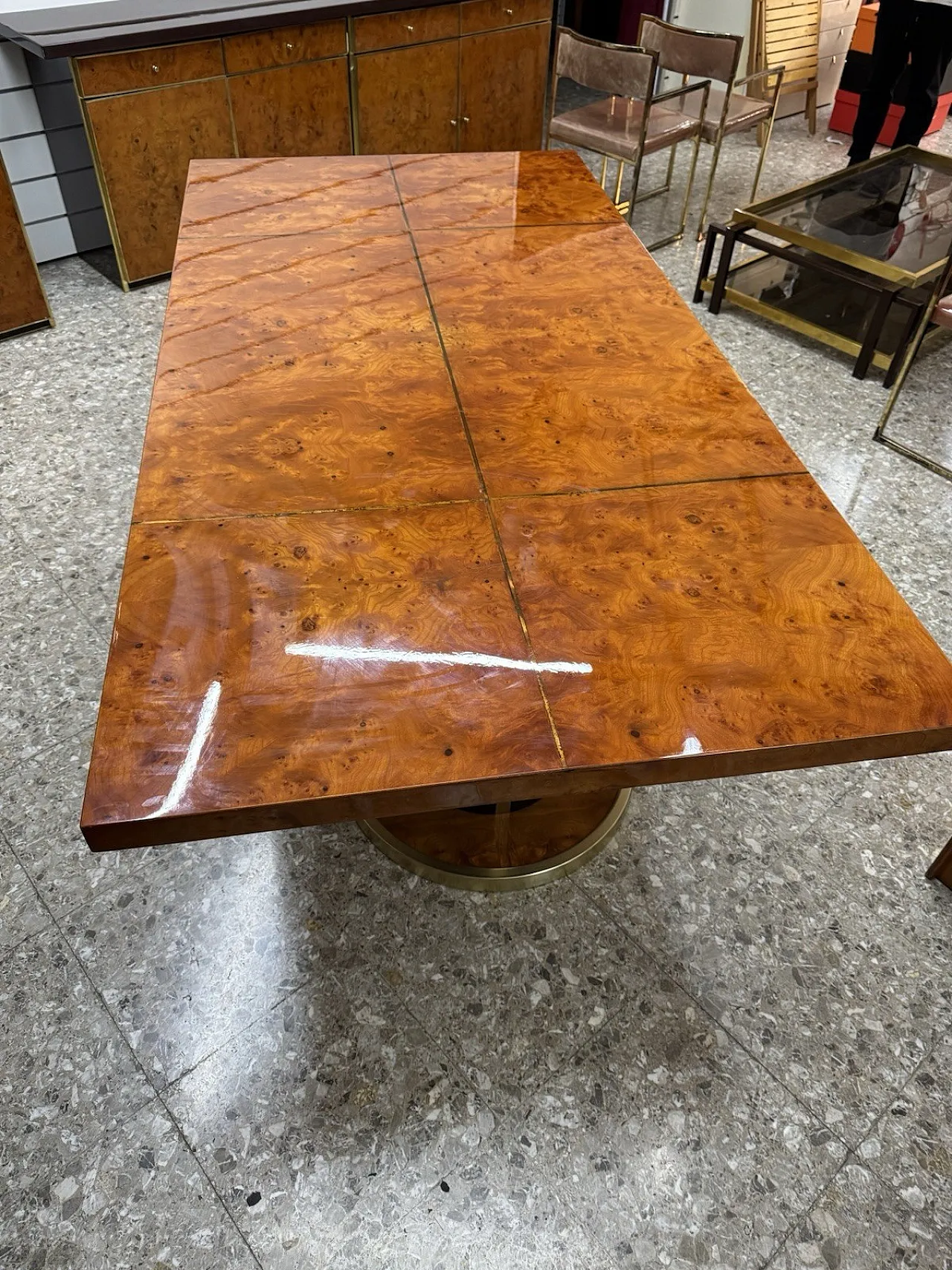Dining table in gold-plated metal and burl wood, 1970s 8