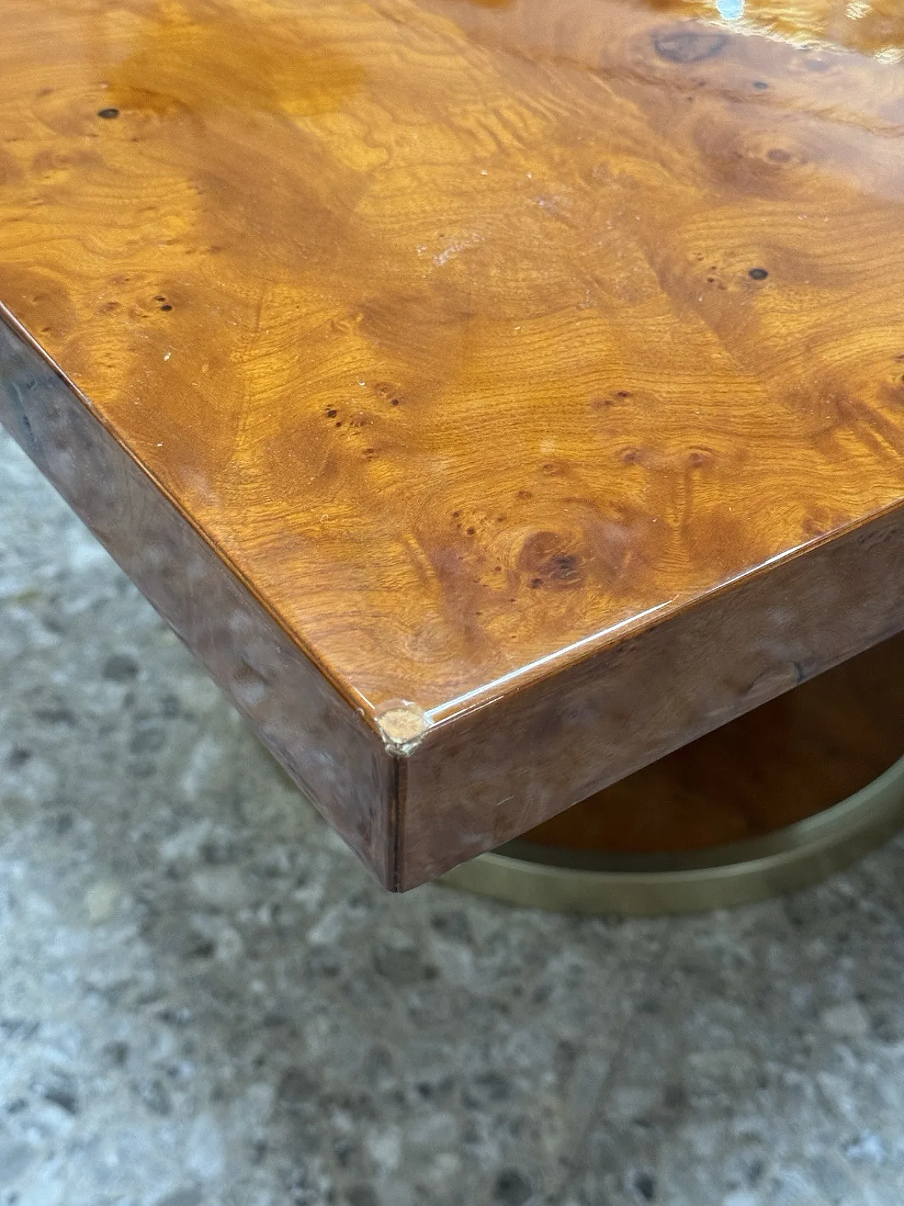 Dining table in gold-plated metal and burl wood, 1970s 9