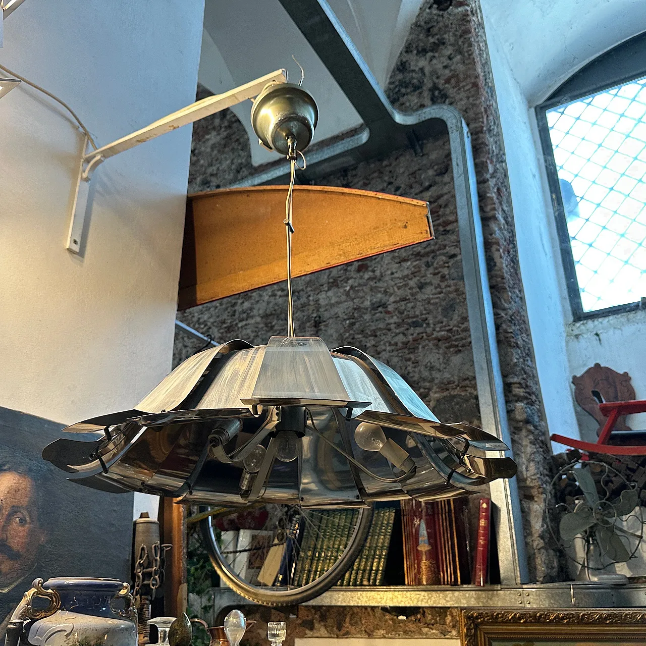 Lampadario in acciaio attribuito a Reggiani, anni '60 2