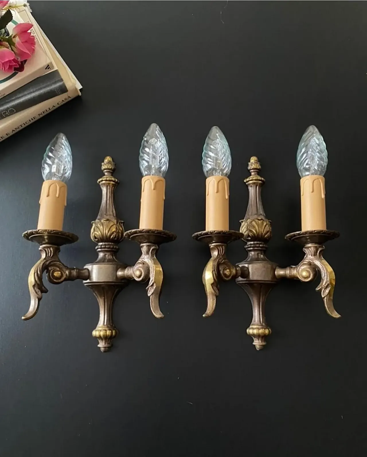 Pair of wall sconces in bronze and brass, 1950s 1