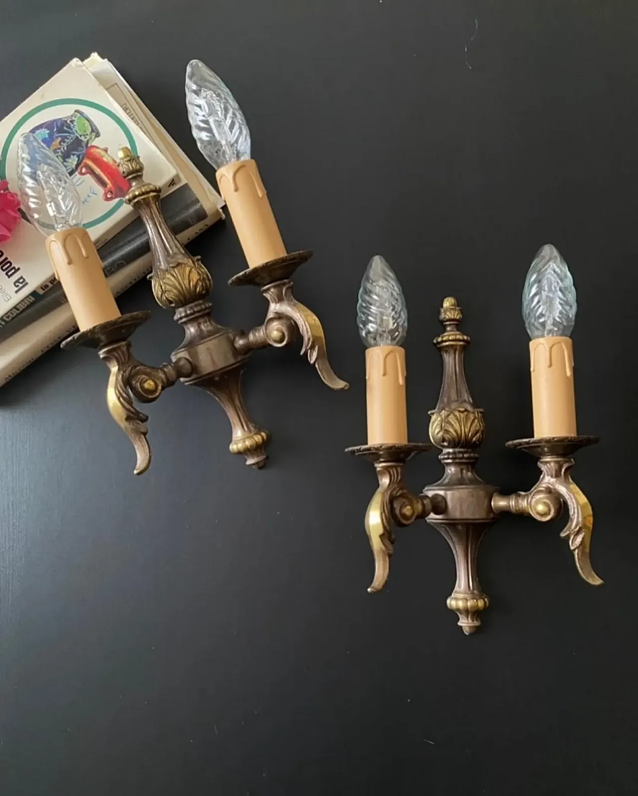 Pair of wall sconces in bronze and brass, 1950s 2