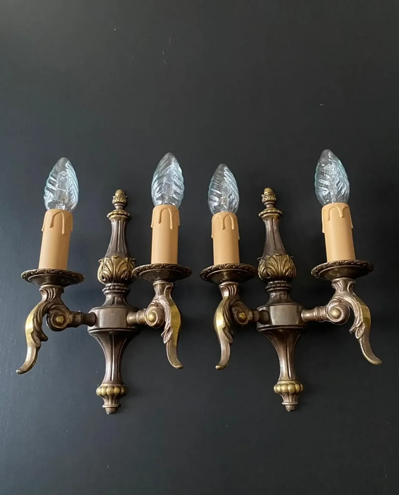 Pair of wall sconces in bronze and brass, 1950s 3