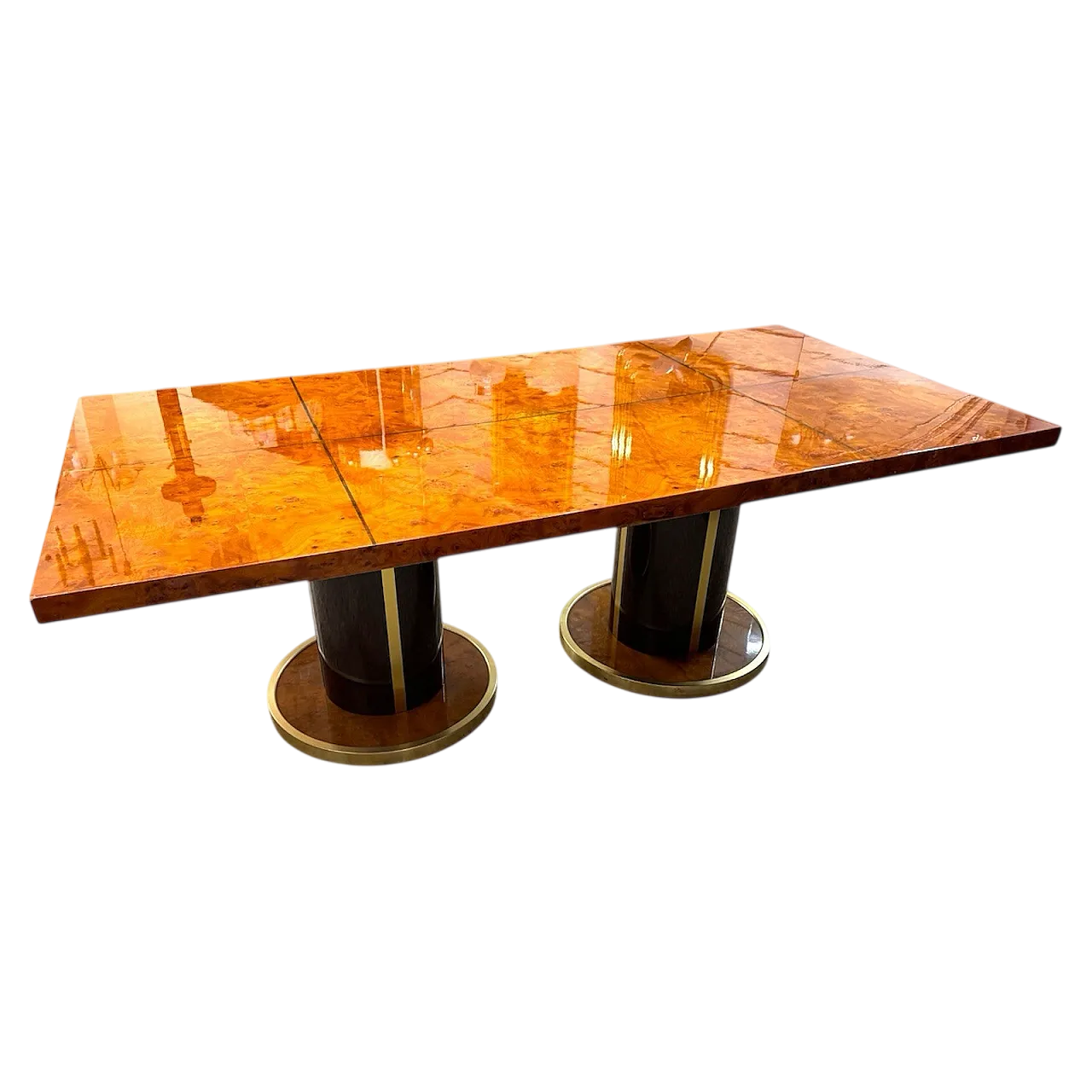 Dining table in gold-plated metal and burl wood, 1970s 13