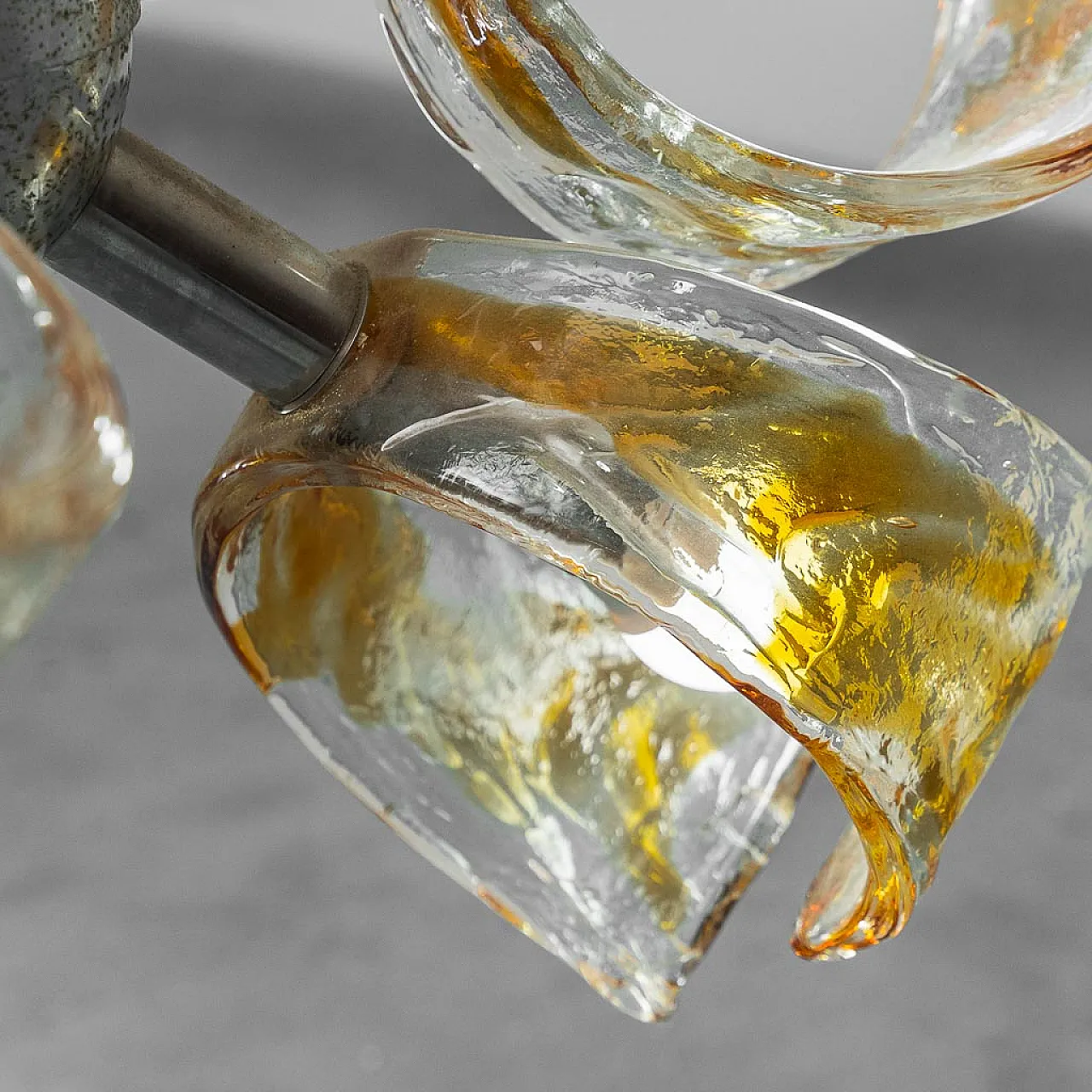 Lampadario Mazzega a 9 luci in metallo cromato e vetro anni 70 3