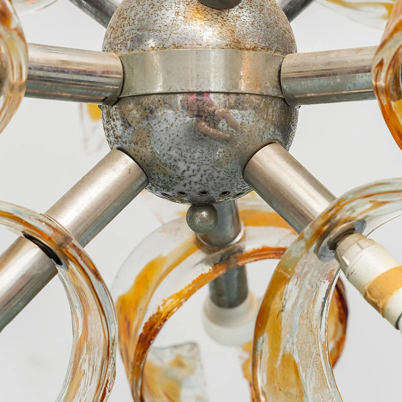 Lampadario Mazzega a 9 luci in metallo cromato e vetro anni 70 8