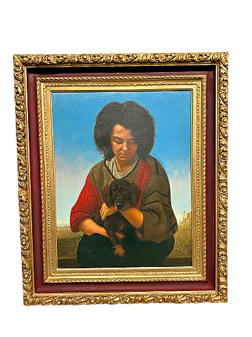 Olio su tela, ragazza e cagnolino di Giancarlo Pignataro, 1987