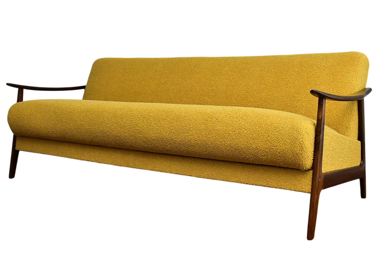 Scandinavian foldable Teak sofa in yellow Bouclé, 1960s 16
