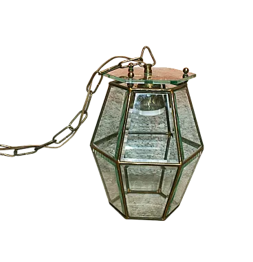 Lampadario Vintage Anni '50 Esagale in Ottone Con 12 Vetri Molati, 1