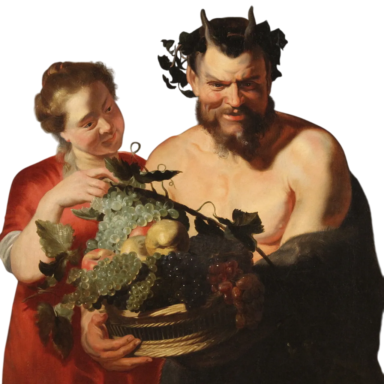 Faun with fruit basket, Flemish oil painting, 17th century 16