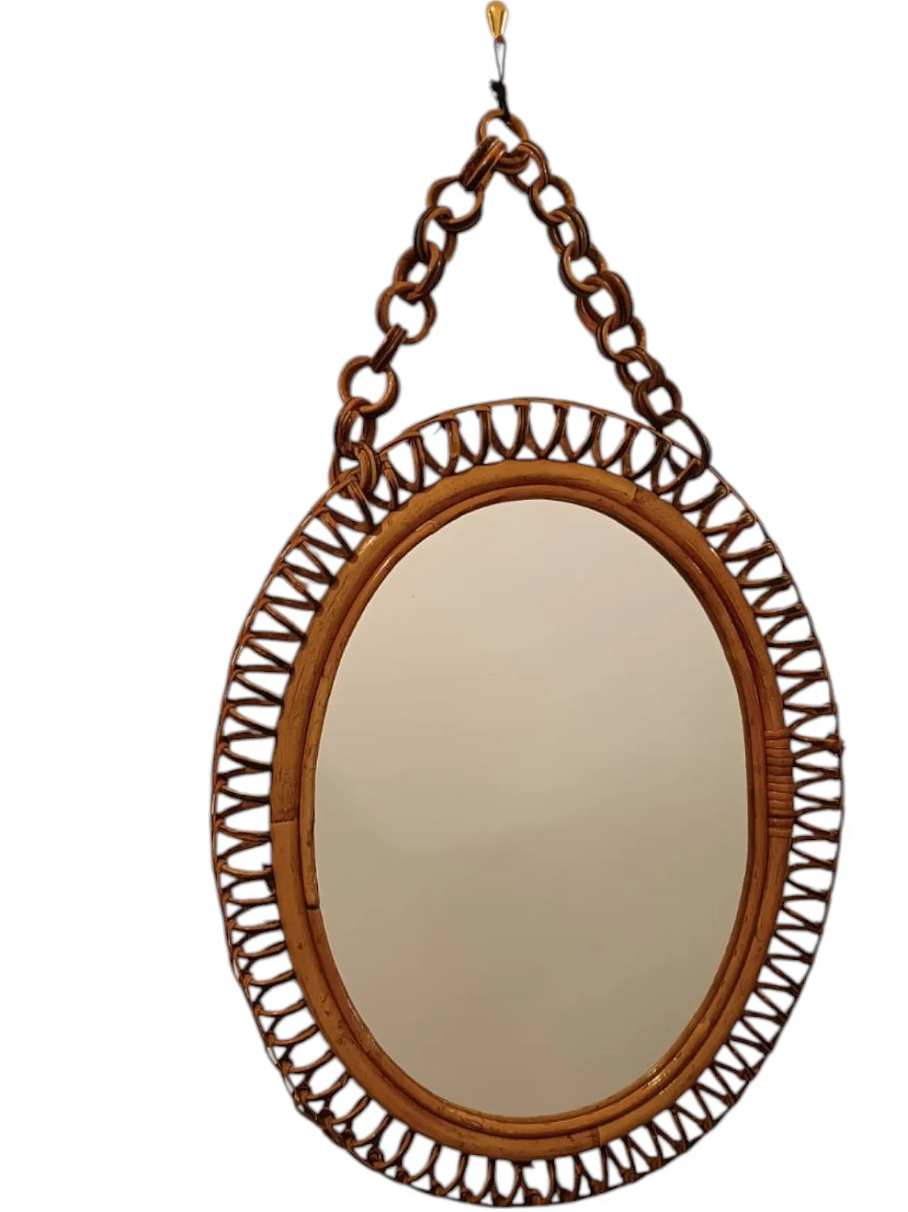 Oval wall mirror in rattan and bamboo with chain, 60s 1