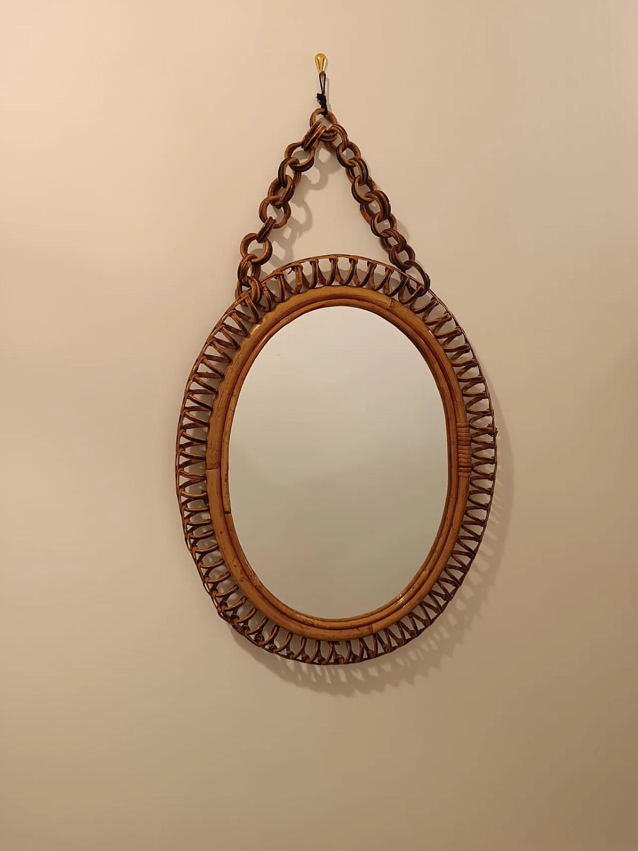 Oval wall mirror in rattan and bamboo with chain, 60s 2