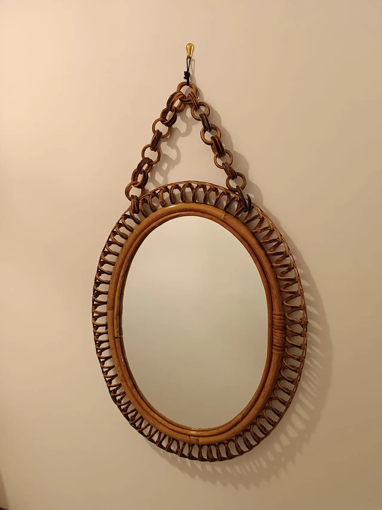 Oval wall mirror in rattan and bamboo with chain, 60s 3