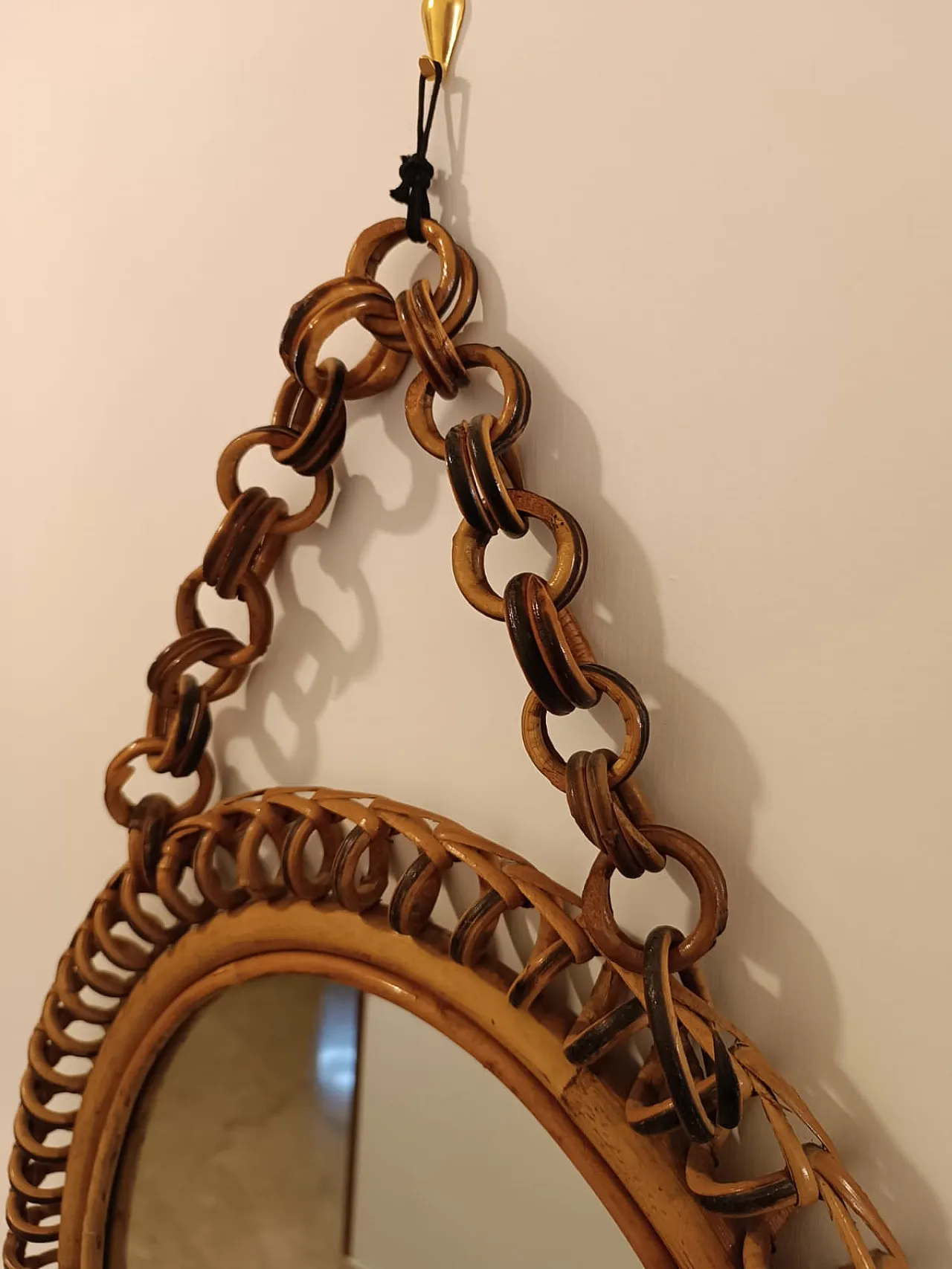 Oval wall mirror in rattan and bamboo with chain, 60s 4