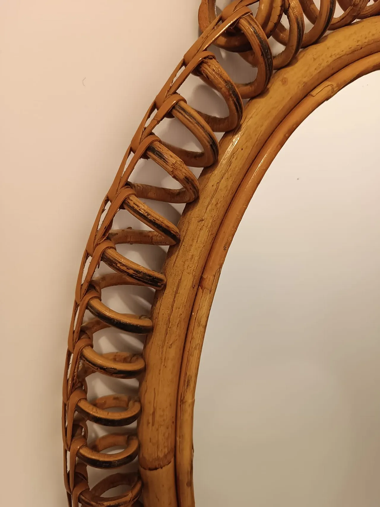Oval wall mirror in rattan and bamboo with chain, 60s 5