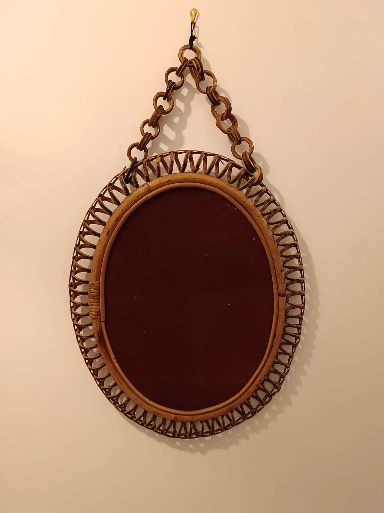 Oval wall mirror in rattan and bamboo with chain, 60s 6