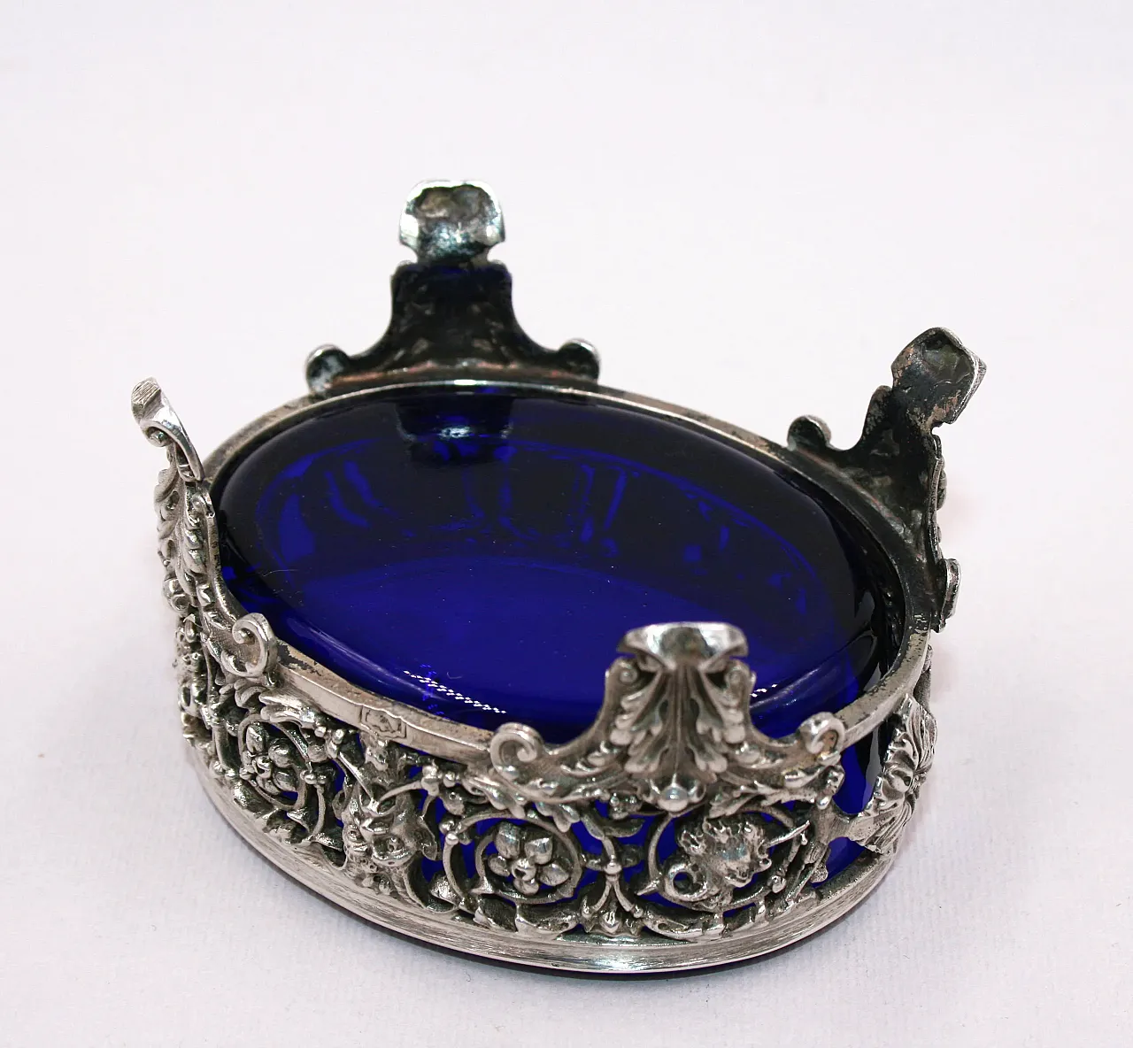 Saliera placcata in argento con inserto in vetro blu cobalto, '800 4