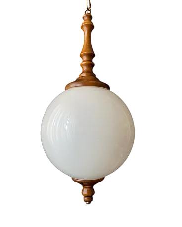 Lampadario in vetro smerigliato e legno, anni '60