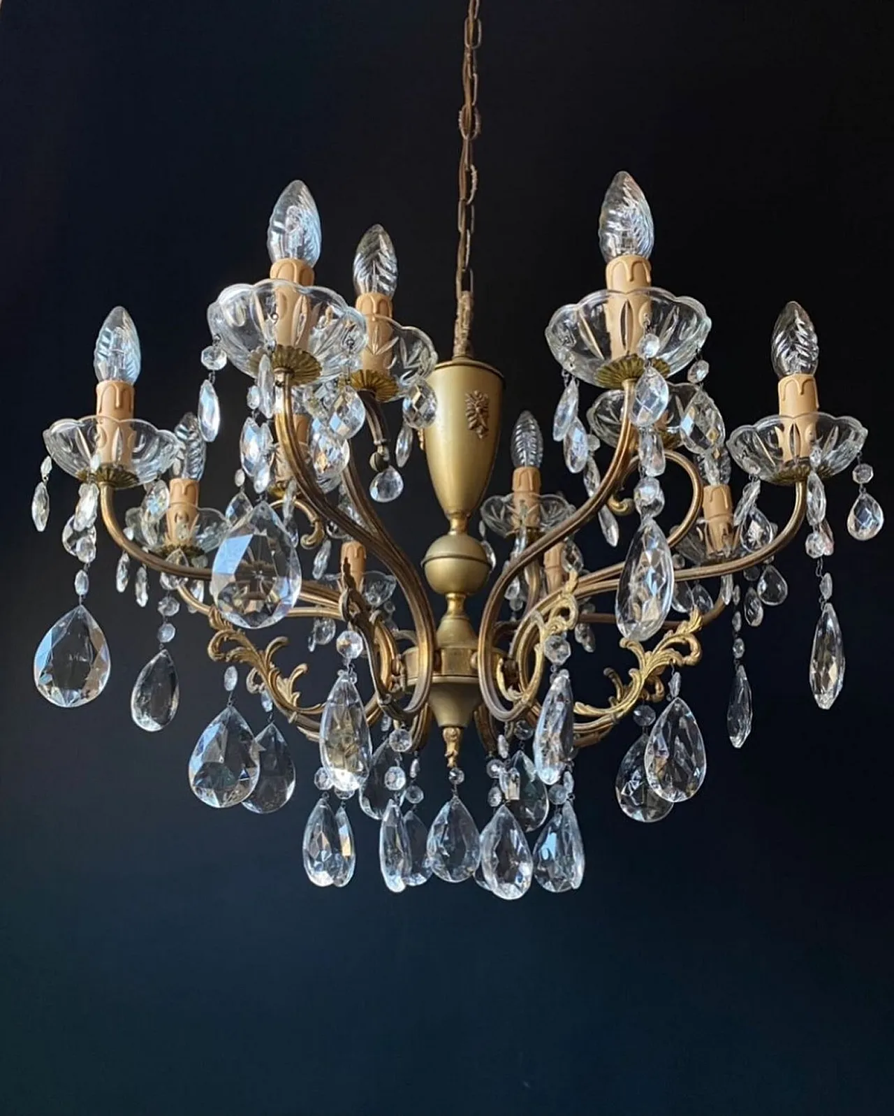 Metal and glass chandelier with 8 arms and 12 lights, 1950s 1