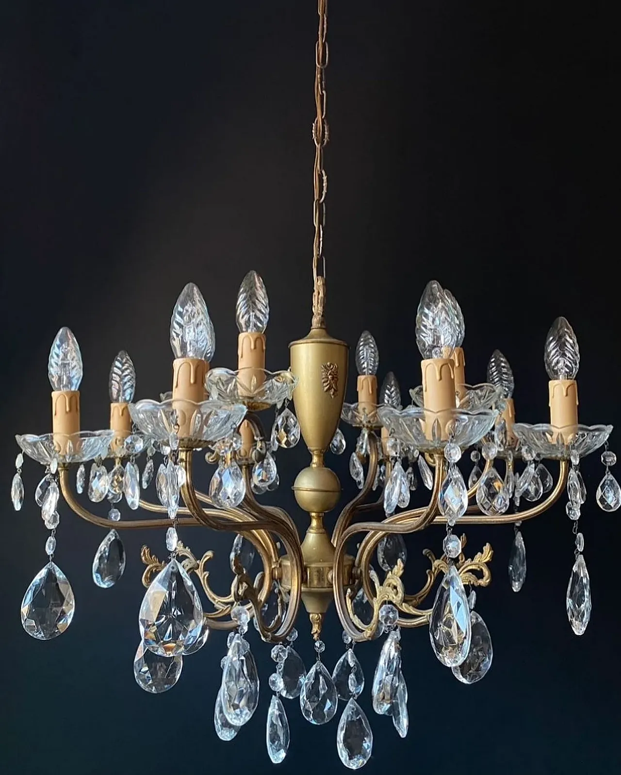 Metal and glass chandelier with 8 arms and 12 lights, 1950s 3