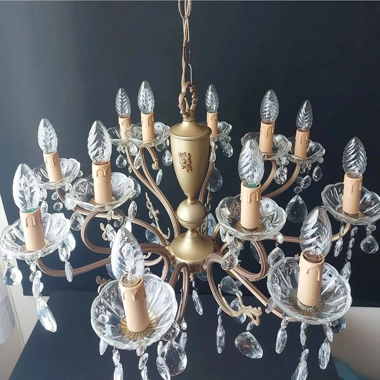 Metal and glass chandelier with 8 arms and 12 lights, 1950s 9
