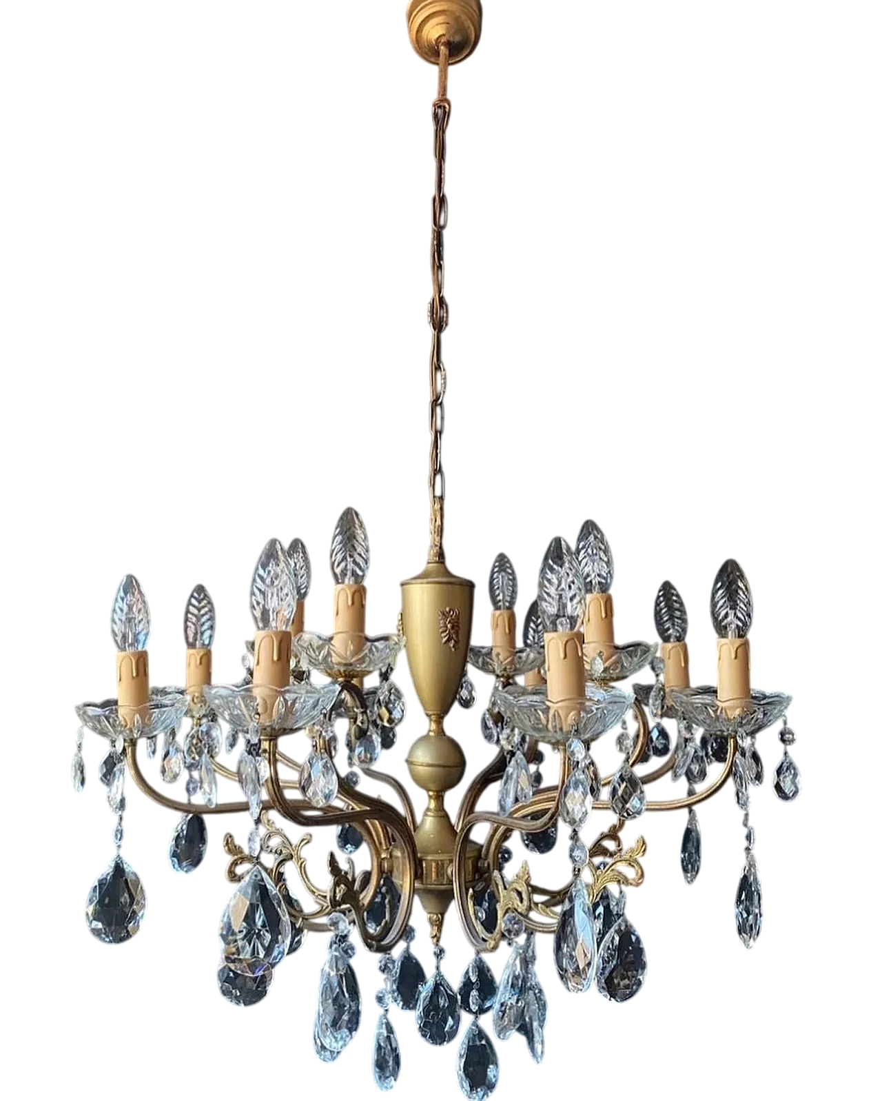 Metal and glass chandelier with 8 arms and 12 lights, 1950s 10