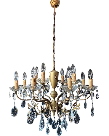 Lampadario in metallo e vetro con 8 braccia e 12 luci, anni '50