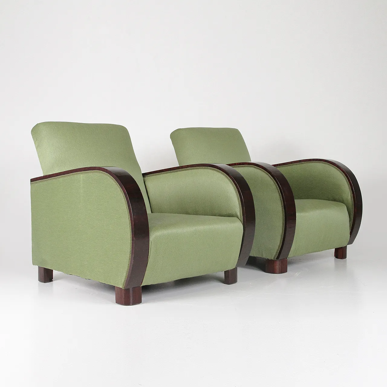 Coppia di poltrone Art Deco in tessuto verde, anni '30 1