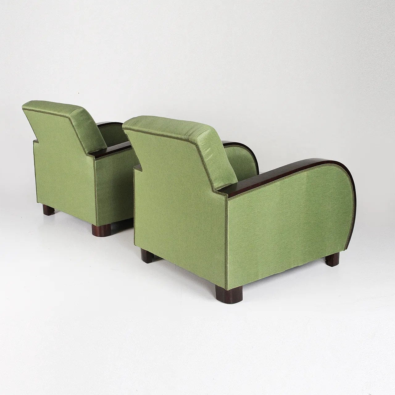Coppia di poltrone Art Deco in tessuto verde, anni '30 3
