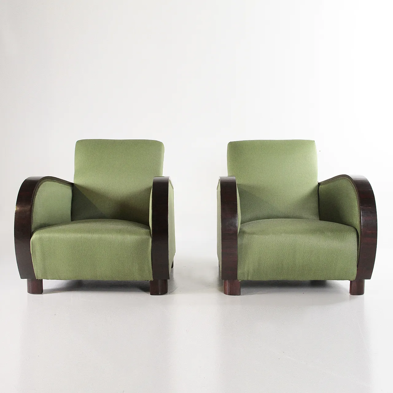 Coppia di poltrone Art Deco in tessuto verde, anni '30 5