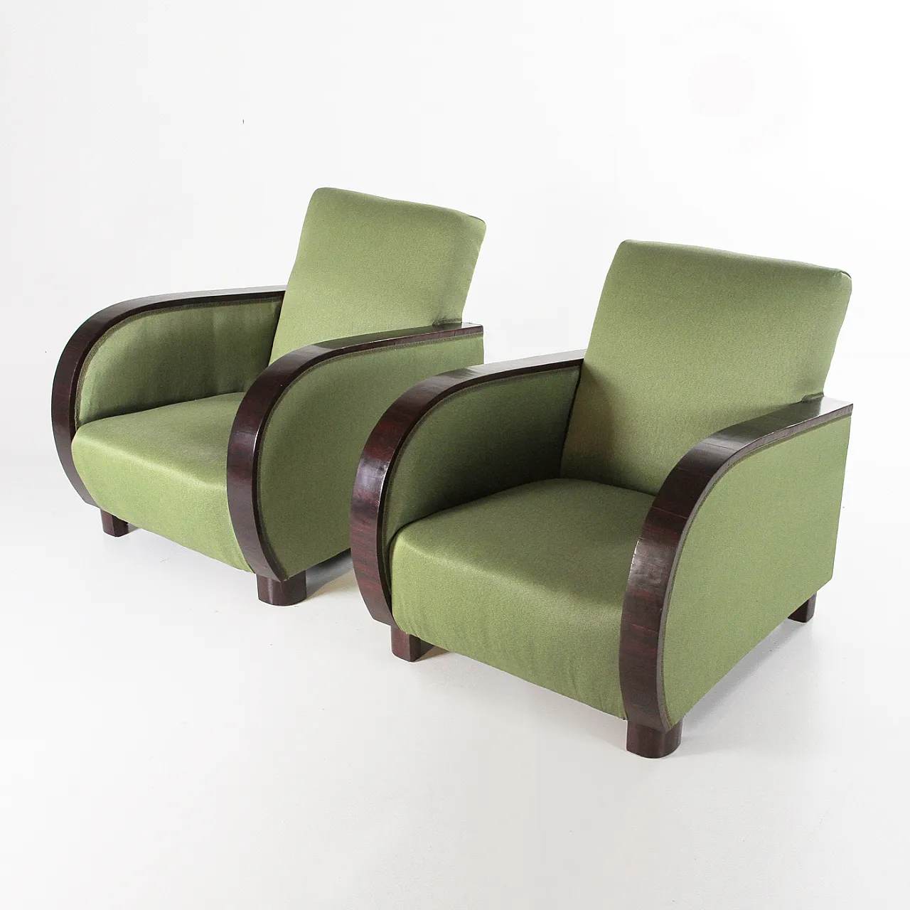 Coppia di poltrone Art Deco in tessuto verde, anni '30 6