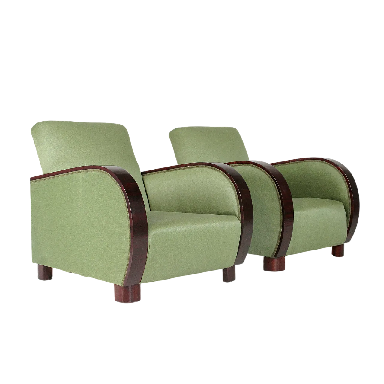 Coppia di poltrone Art Deco in tessuto verde, anni '30 14