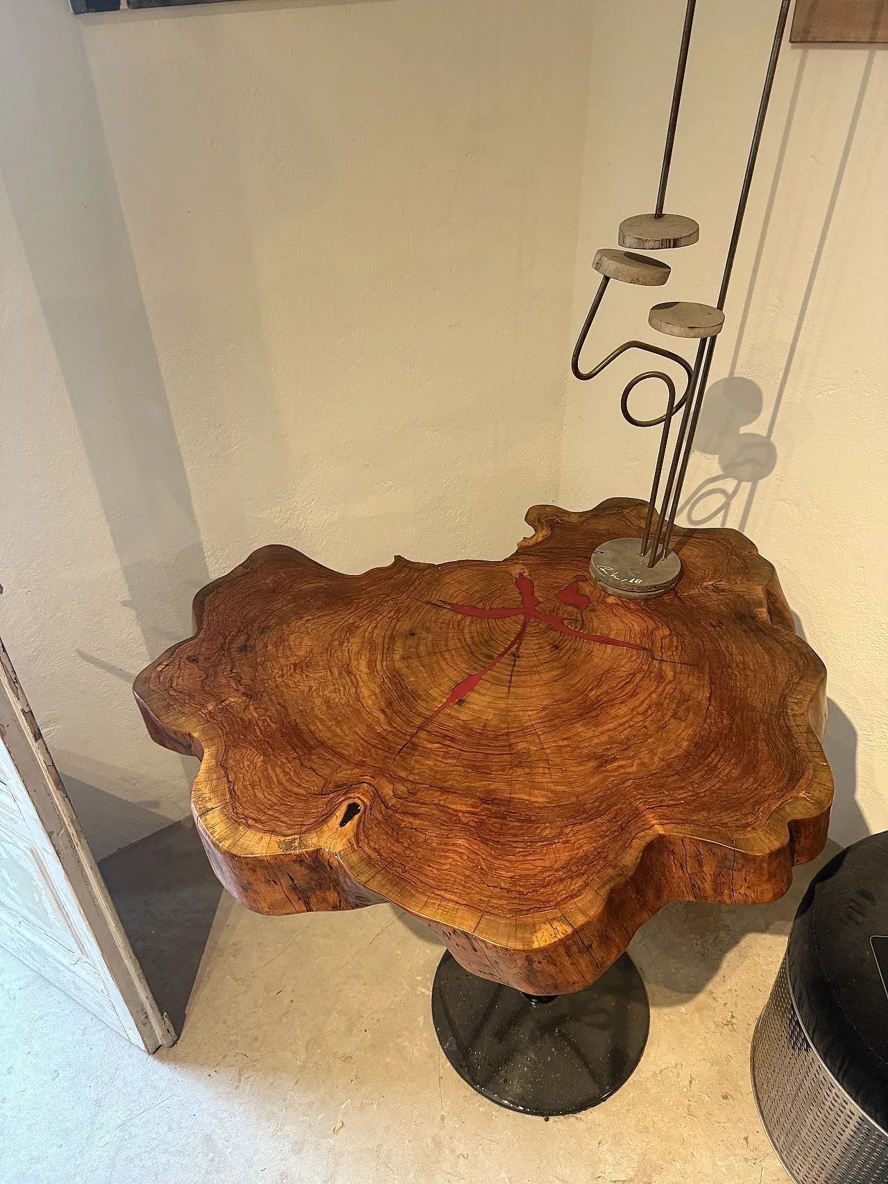 Table with olive wood top and iron legs, 2000 2