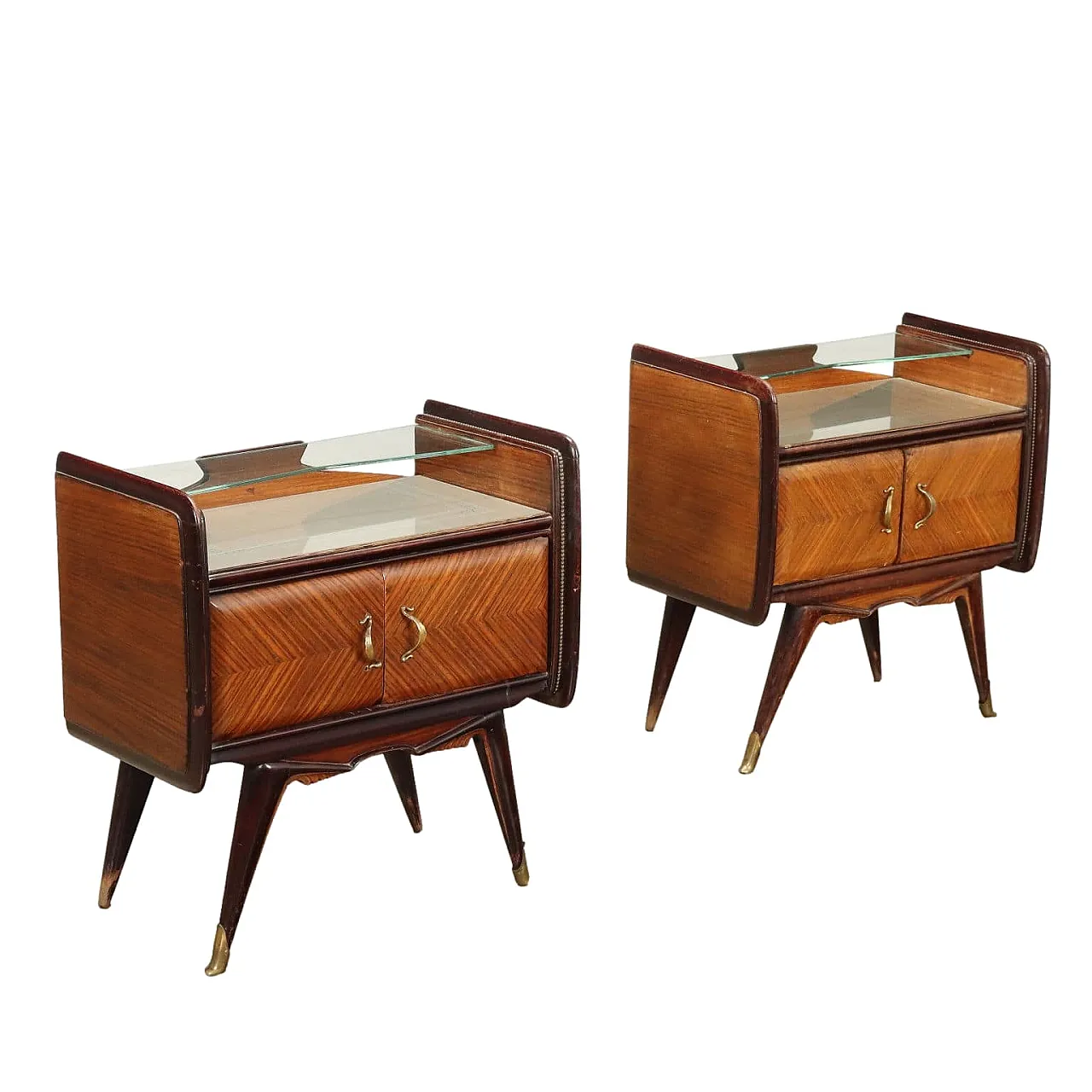 Pair of bedside tables in exotic wood, glass and brass, 20th century 1
