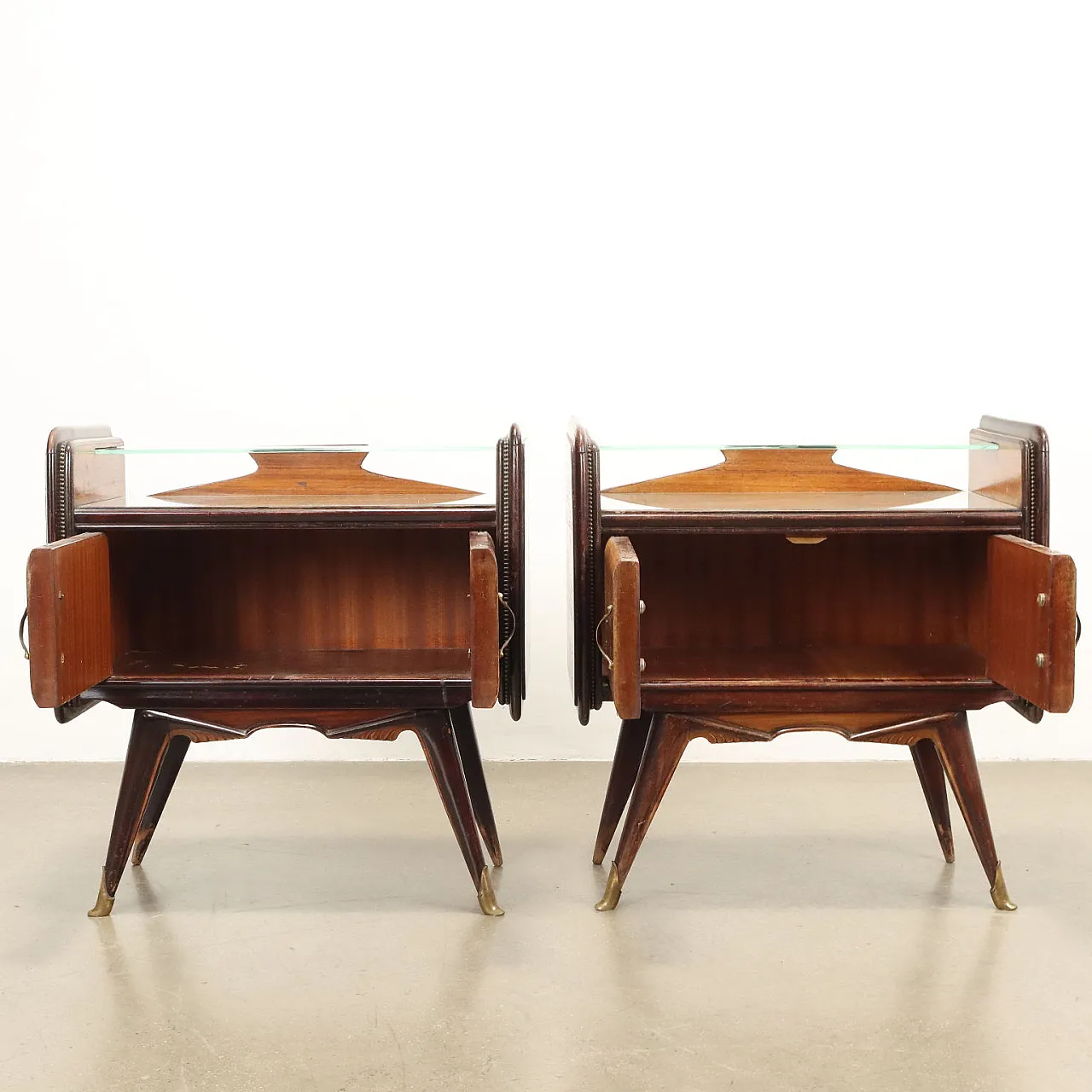 Pair of bedside tables in exotic wood, glass and brass, 20th century 3