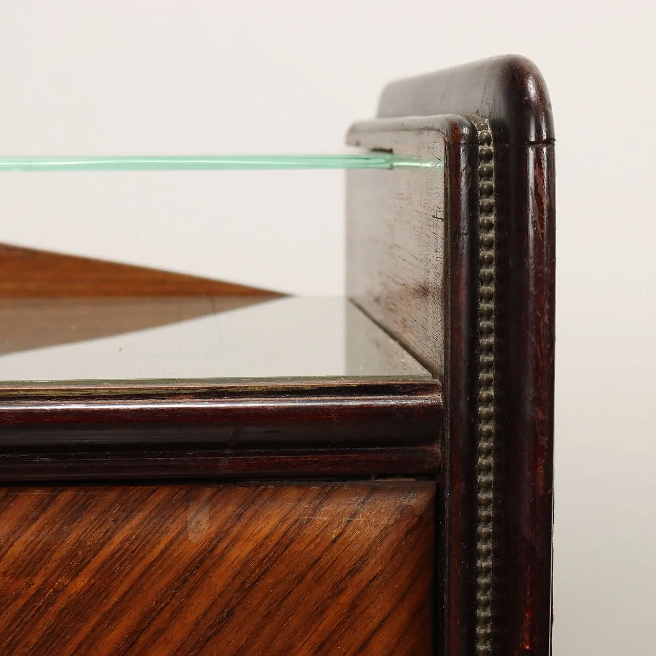 Pair of bedside tables in exotic wood, glass and brass, 20th century 5