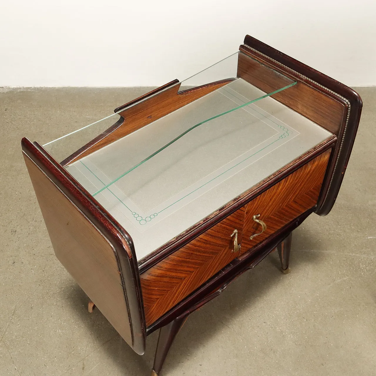 Pair of bedside tables in exotic wood, glass and brass, 20th century 9