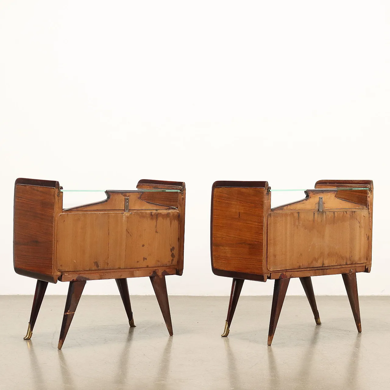Pair of bedside tables in exotic wood, glass and brass, 20th century 10