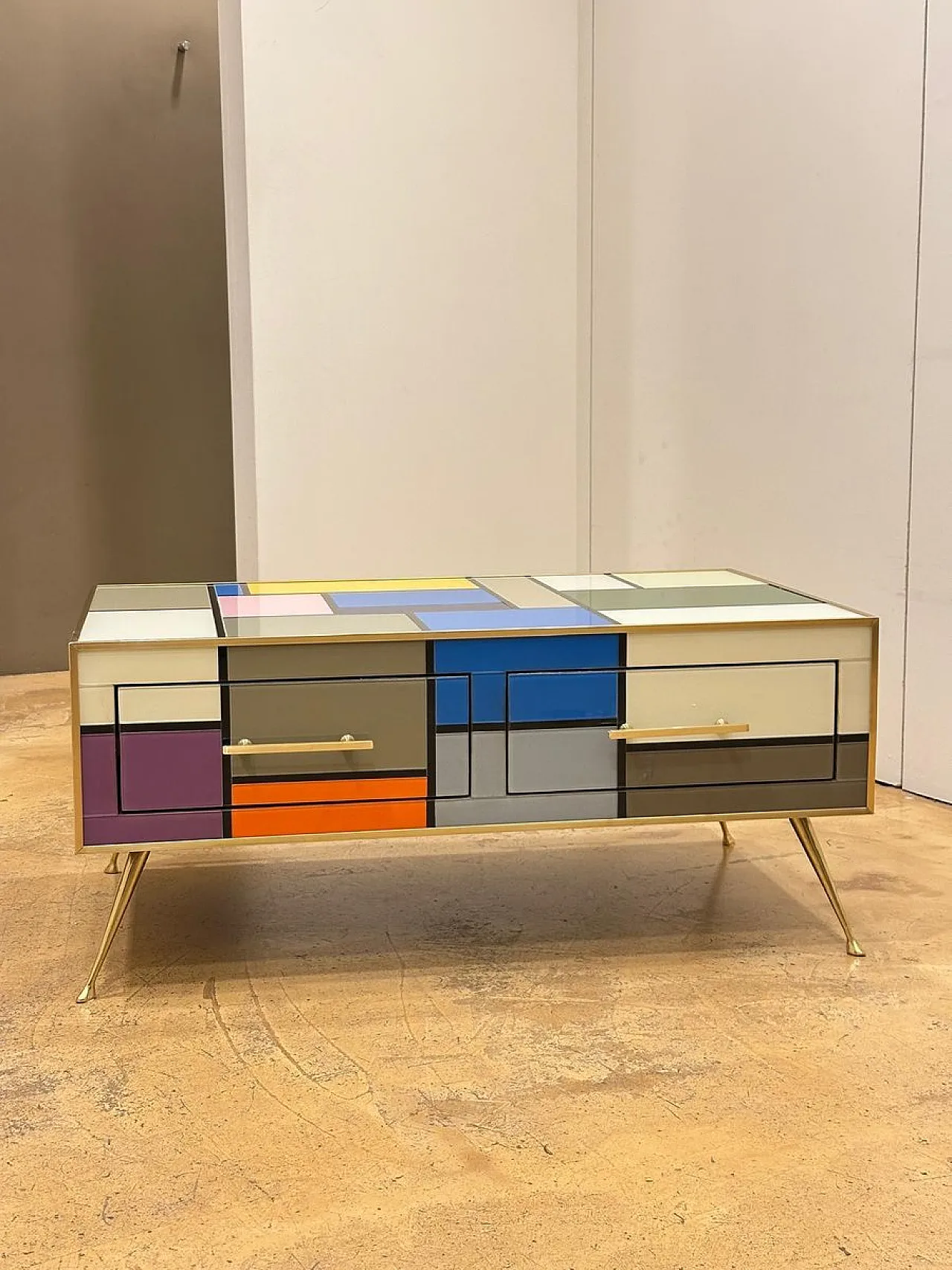 Brass coffee table with stained glass drawers, 1970s 1