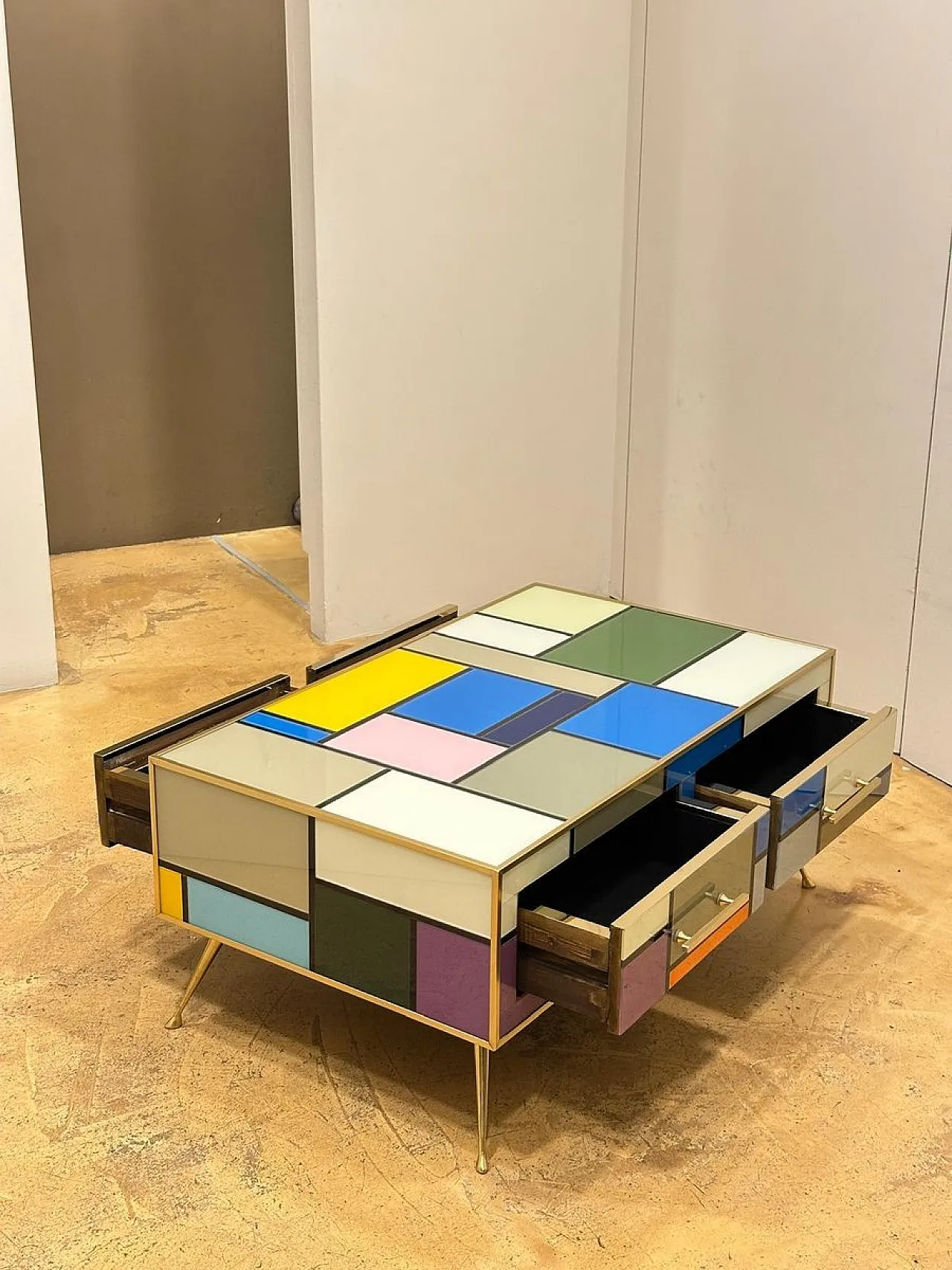 Brass coffee table with stained glass drawers, 1970s 2