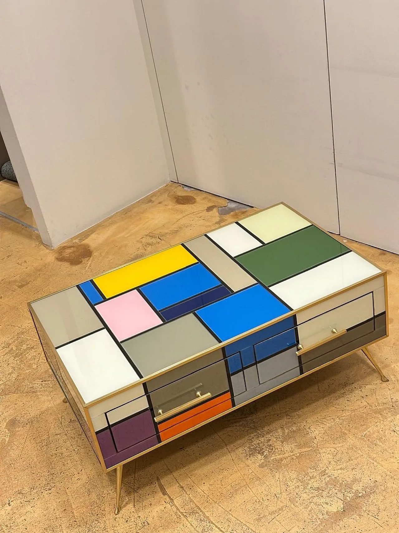Brass coffee table with stained glass drawers, 1970s 3