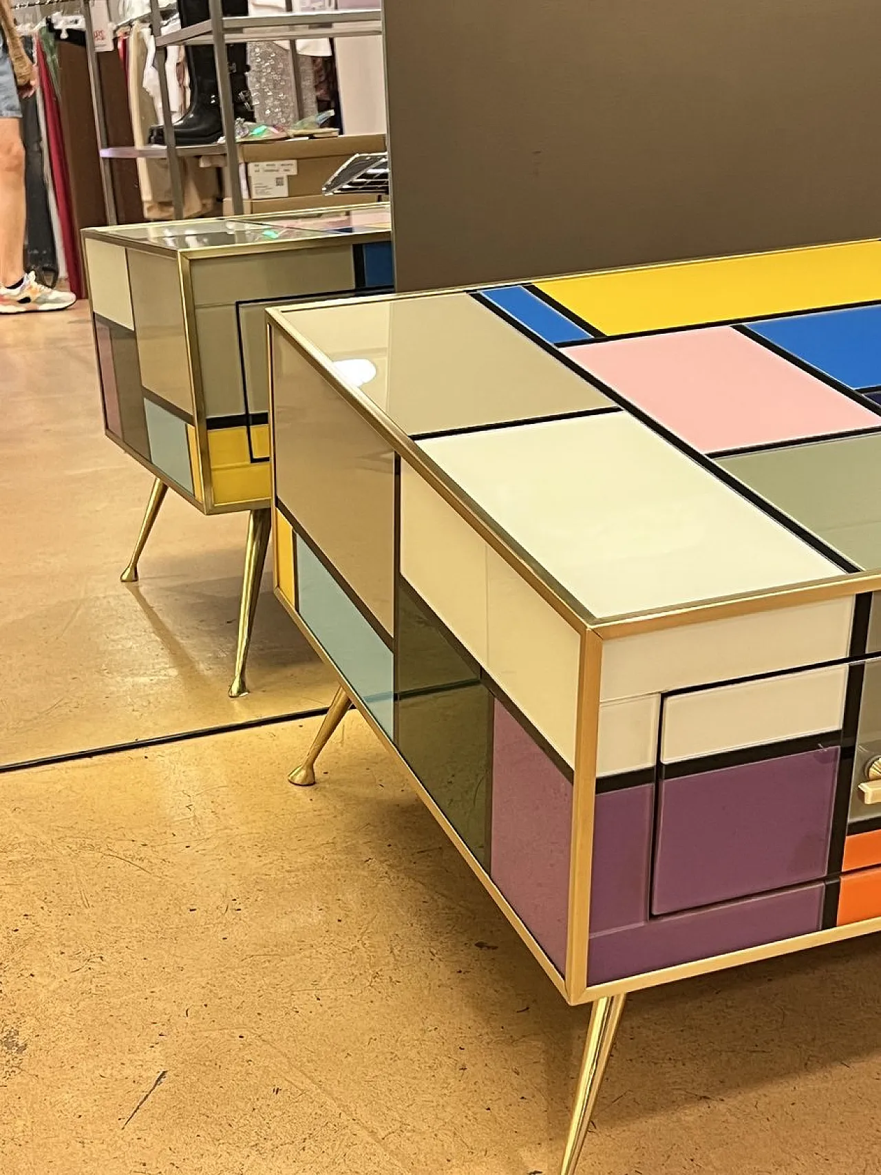 Brass coffee table with stained glass drawers, 1970s 4