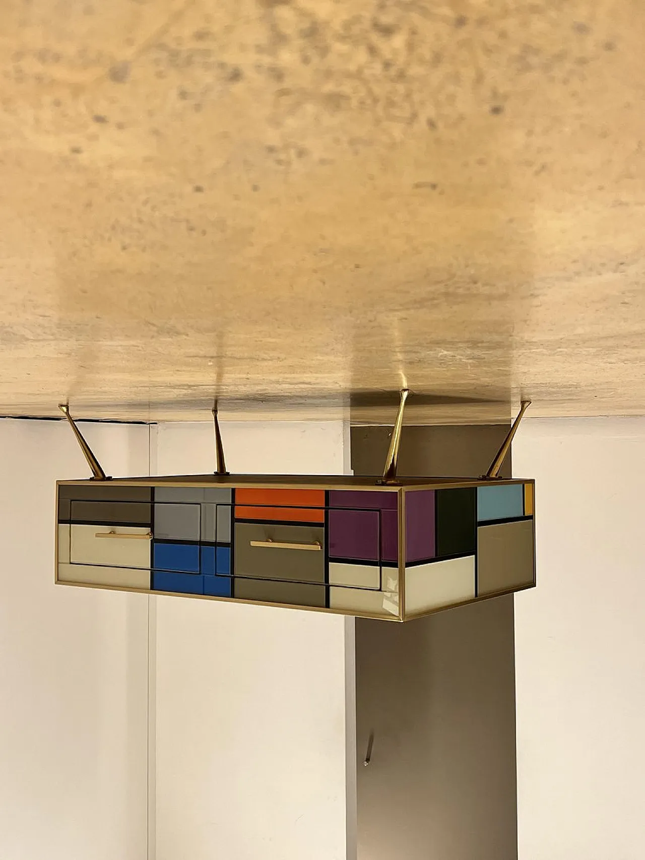 Brass coffee table with stained glass drawers, 1970s 5