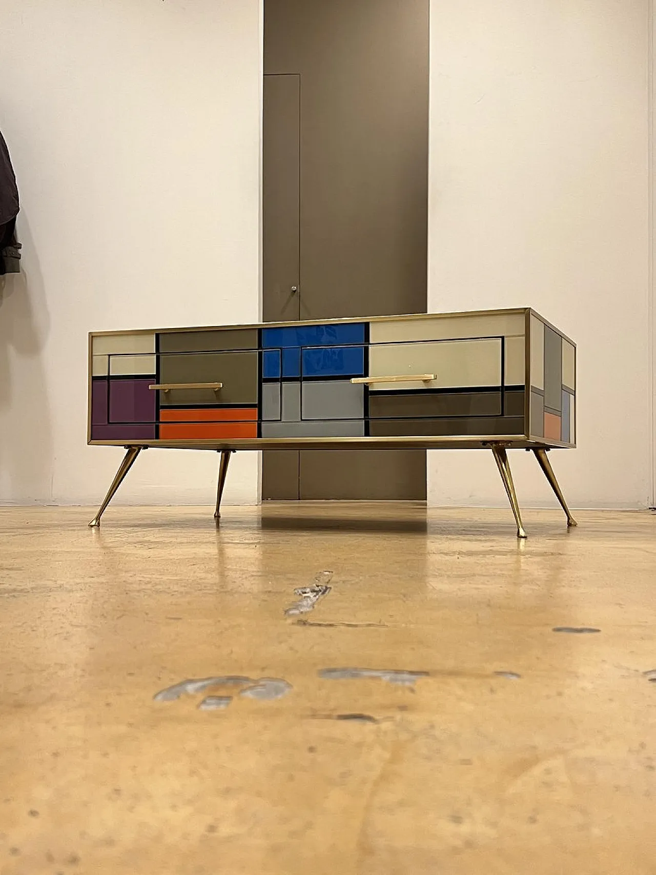 Brass coffee table with stained glass drawers, 1970s 6