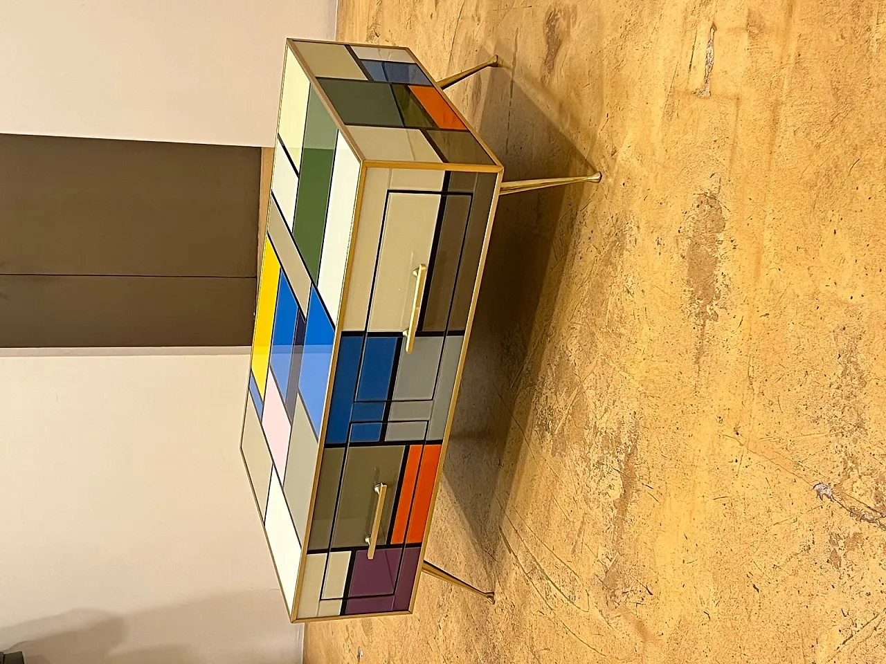 Brass coffee table with stained glass drawers, 1970s 7