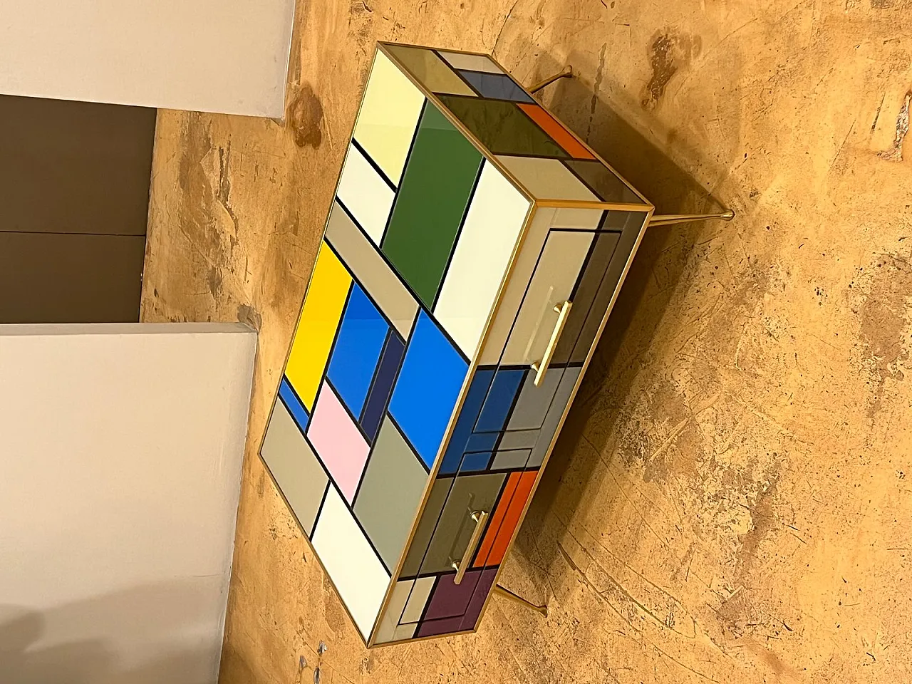 Brass coffee table with stained glass drawers, 1970s 9