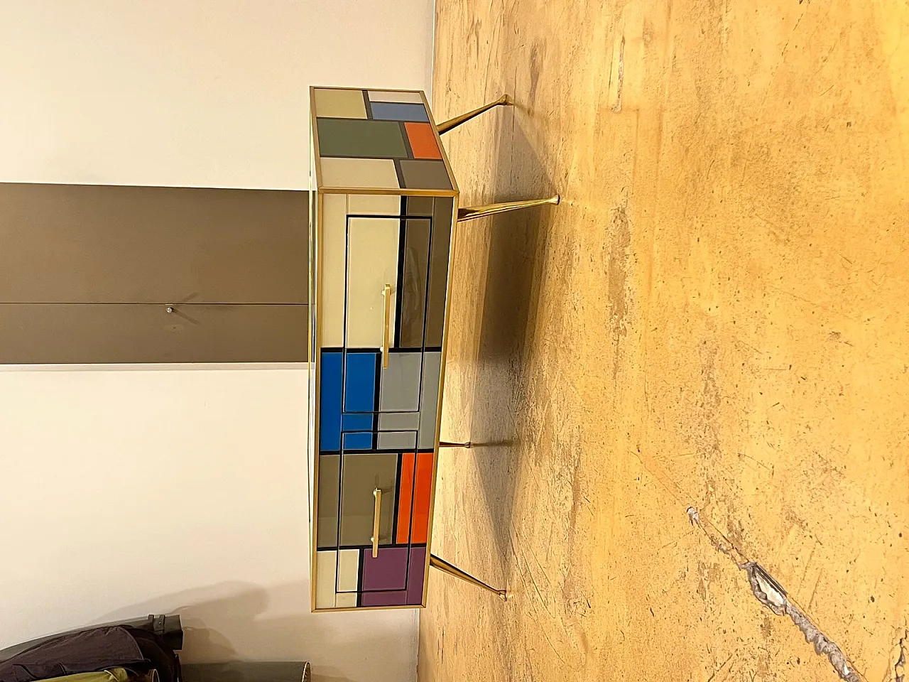 Brass coffee table with stained glass drawers, 1970s 10