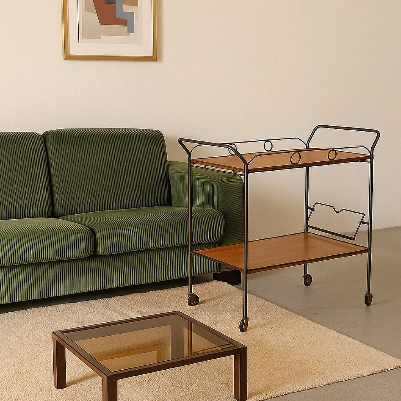 Carrello bar in metallo smaltato e legno impiallacciato mogano, anni '60 2