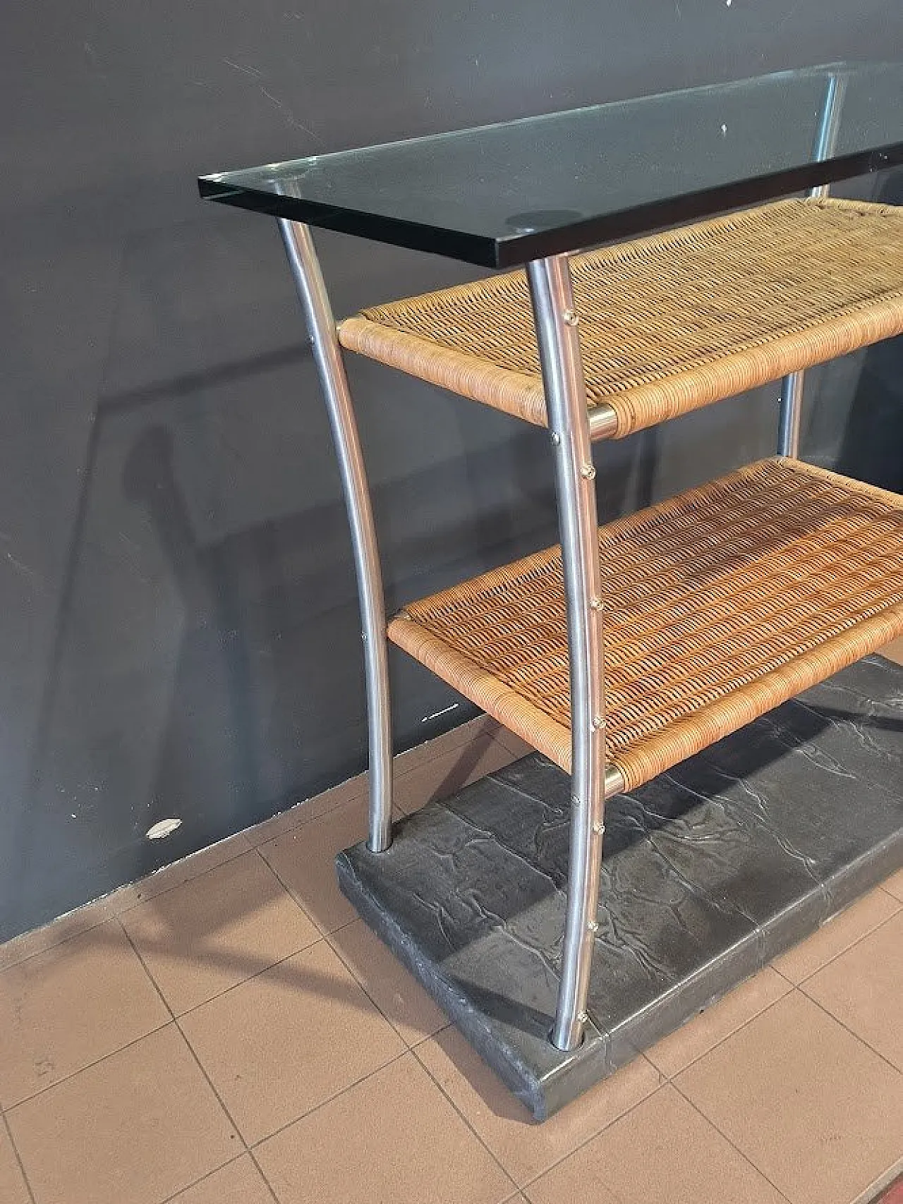 Mobile bar in acciaio con vimini di Toni Cordero, anni '70 3