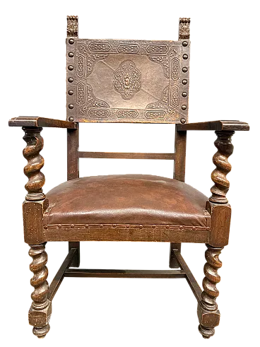 Poltrona neo rinascimentale con braccioli e cuoio stampato, '900