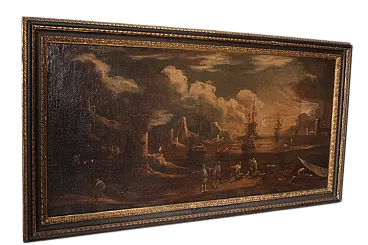 Dipinto Veduta portuale all ‘Alba, olio su tela, '600